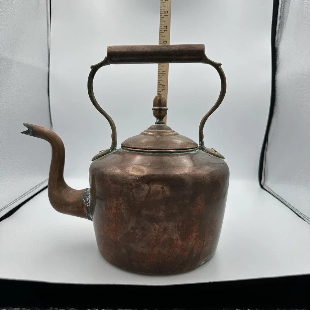 Antique English Dovetail Joint Copper‎ Fireside Kettle Goose Neck Spout
